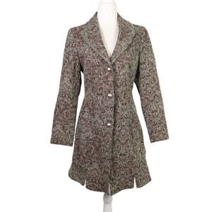 Vintage 90s Papillon Brown and Green Damask Floral Mid-Length Jacket M